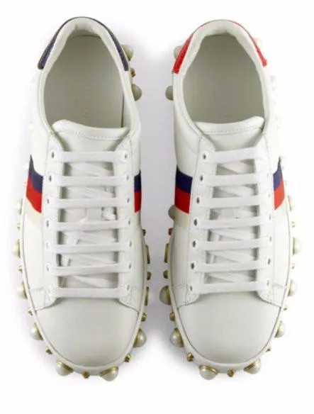 Ace Faux Pearl Studded Leather Low-Top Sneakers