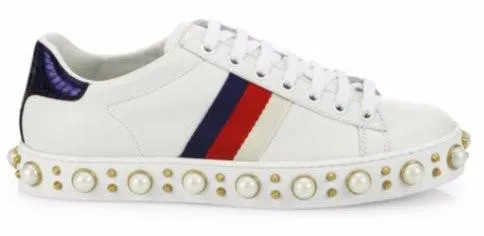 Ace Faux Pearl Studded Leather Low-Top Sneakers