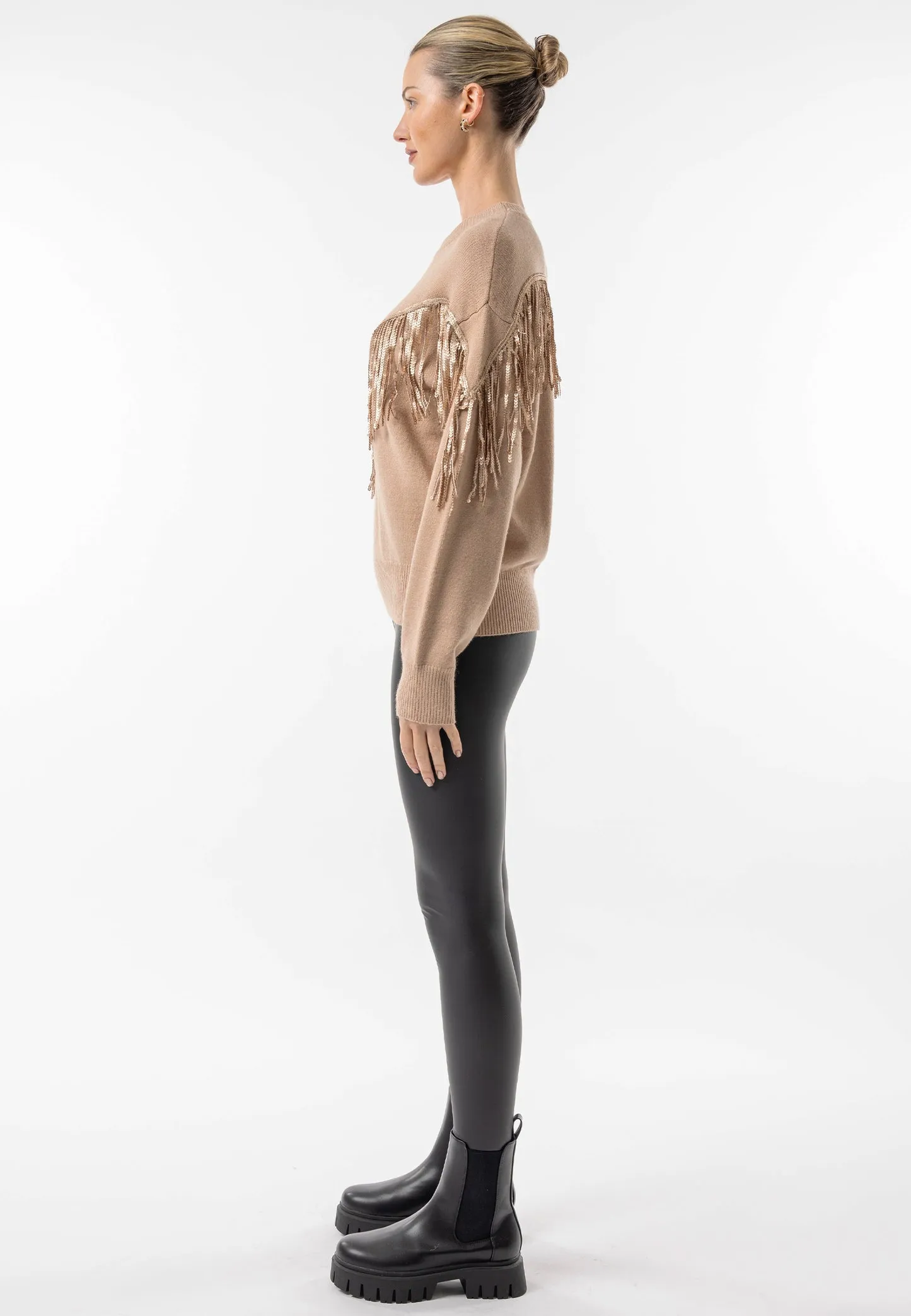 Angeleye Brown Crew Neck Jumper With Fringe Detail