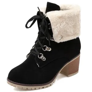 Ankle Boots Women Round Toe Flock Lace Up