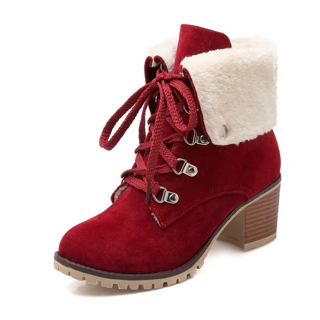 Ankle Boots Women Round Toe Flock Lace Up