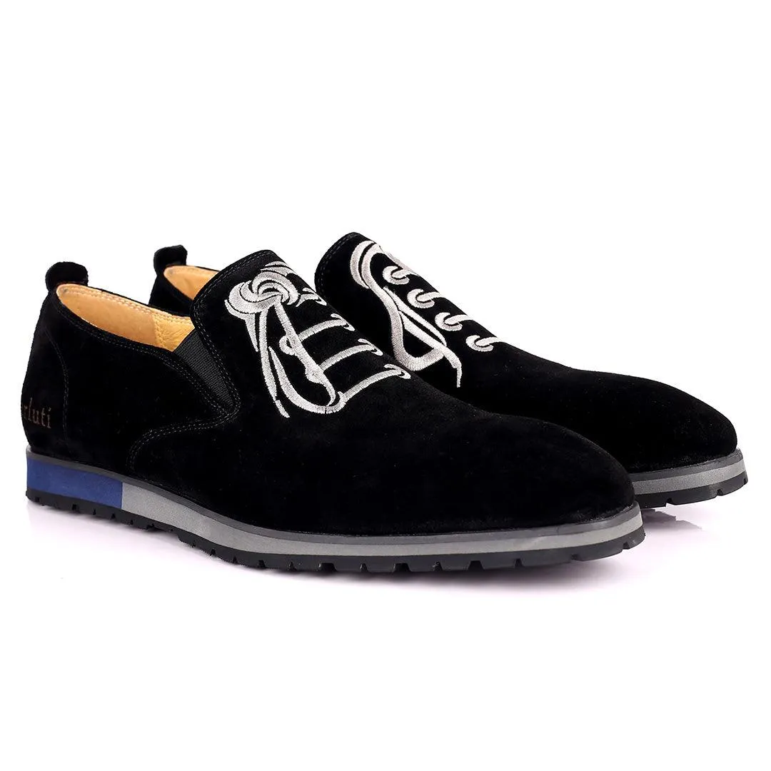 Berlut Lace Designed Black Suede Formal Shoe