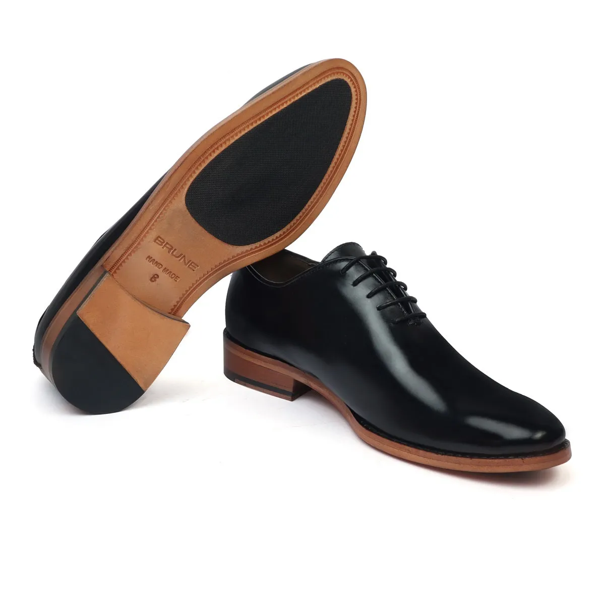 Black Whole Cut/One-Piece Oxford Leather Lace-Up Shoes For Men By Brune & Bareskin