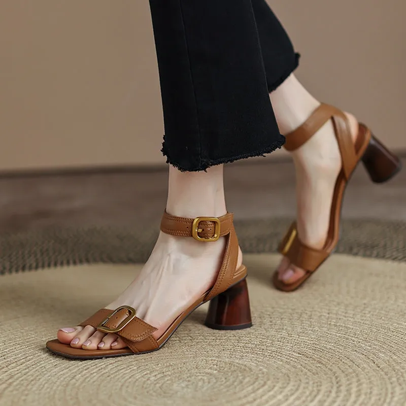 Block Heel Leather sandal Buckle Sandals in Black/Beige/Brown