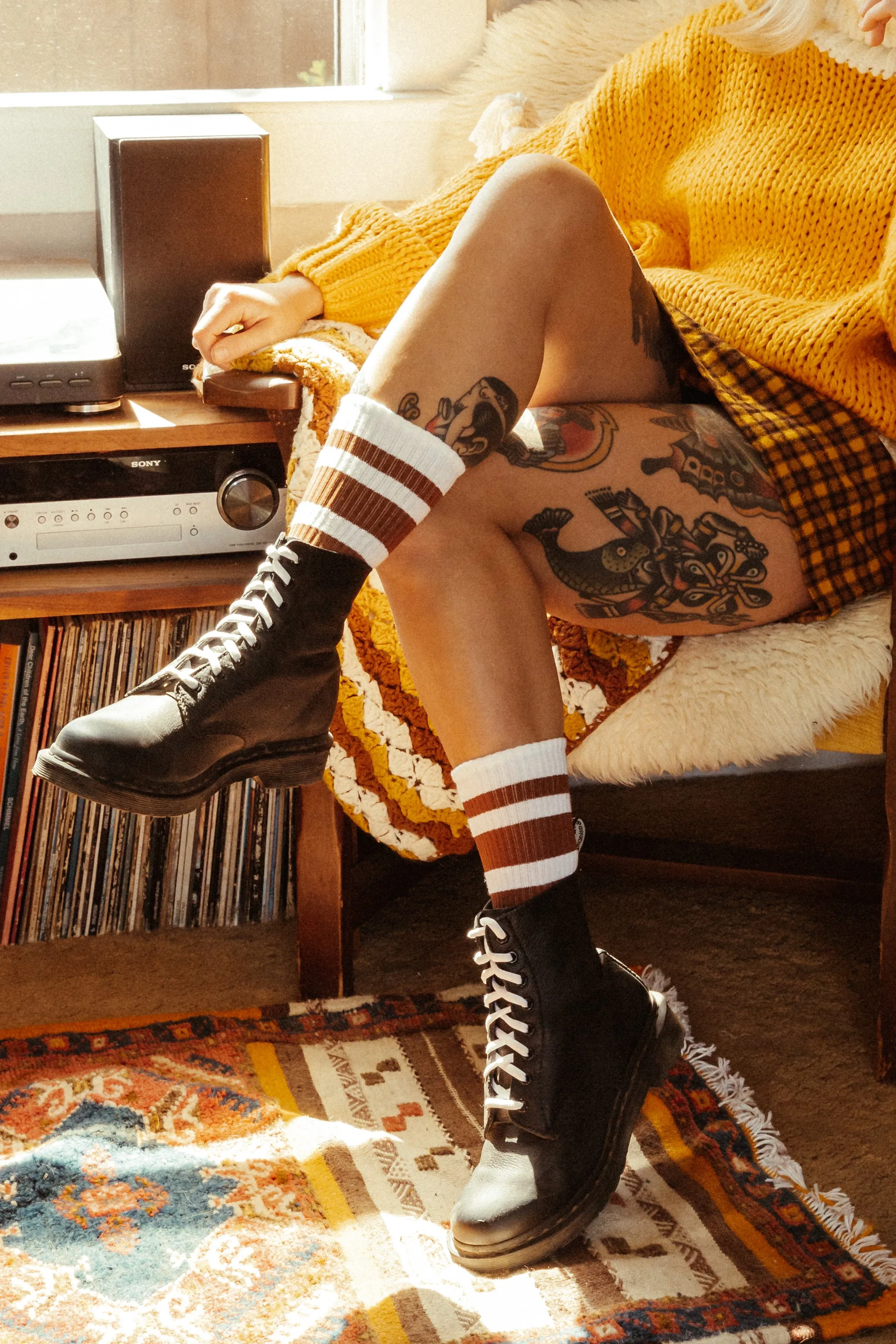 Brown Striped Socks | White