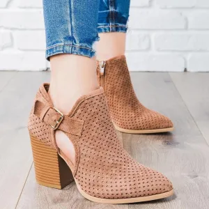 Cutout Buckle Design Thick Heeled Ankle Boots