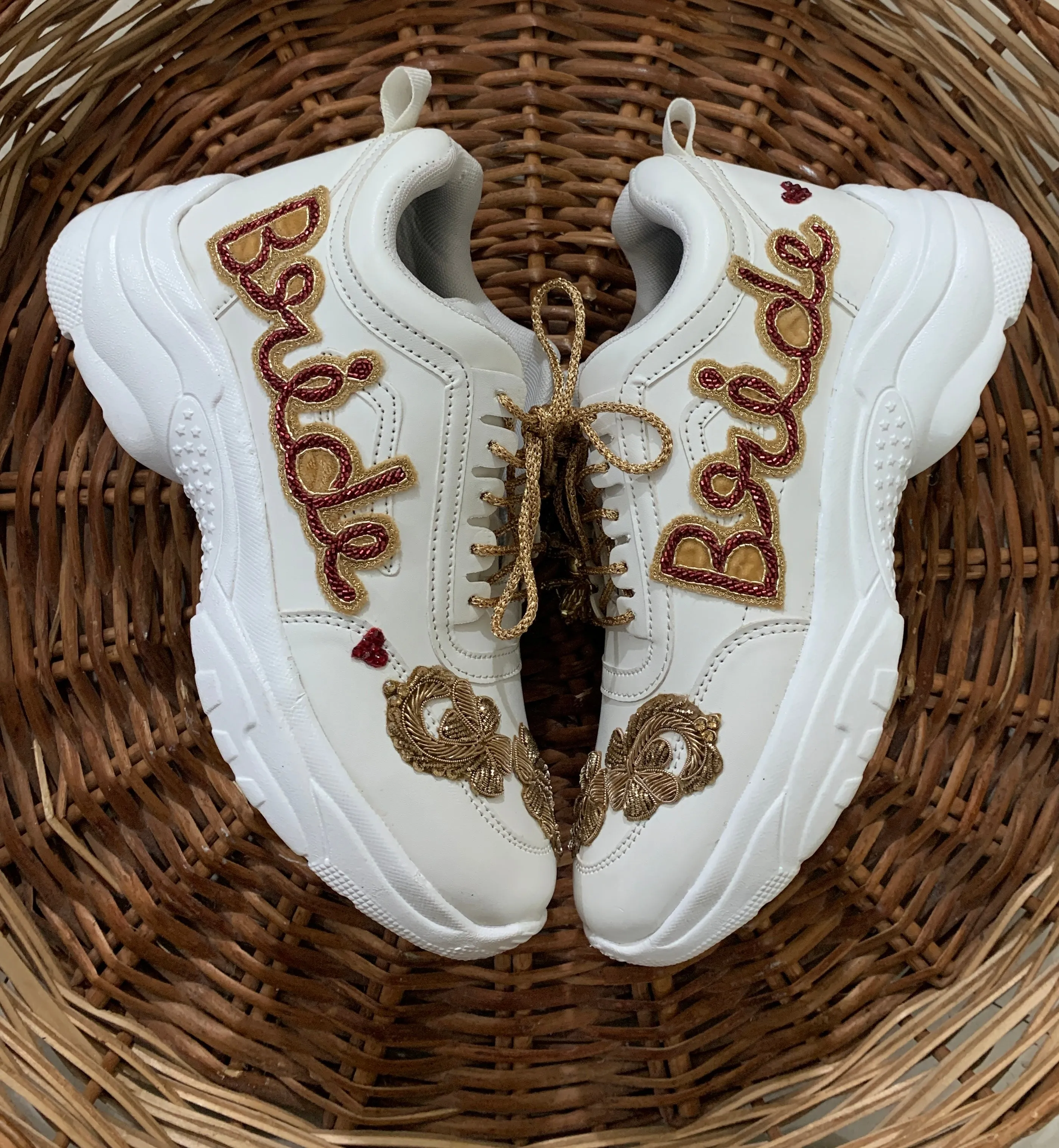 Funky N Trendy hand embroidered Bride word with zardozi and cutdana / bridal sneakers/ sneaker for bride / zardozi sneakers/ golden sneakers for bride