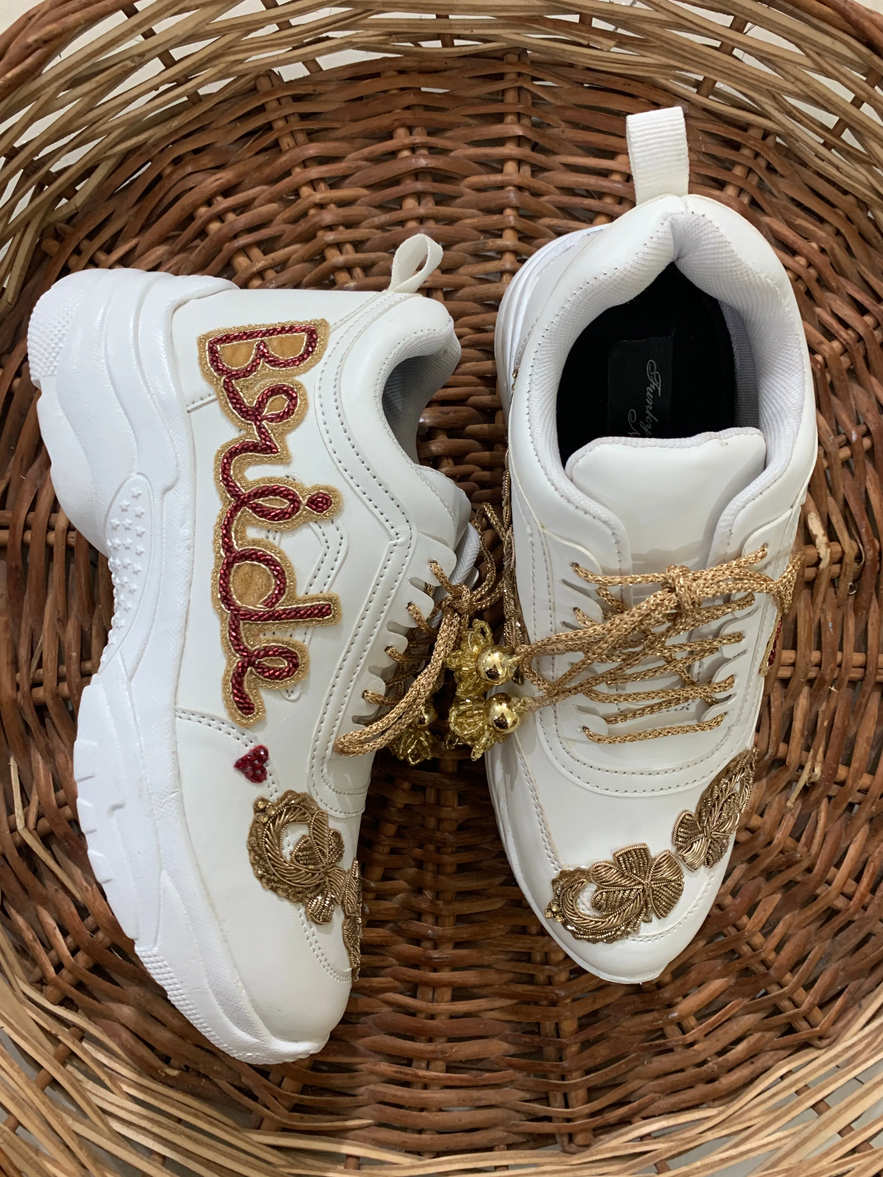 Funky N Trendy hand embroidered Bride word with zardozi and cutdana / bridal sneakers/ sneaker for bride / zardozi sneakers/ golden sneakers for bride