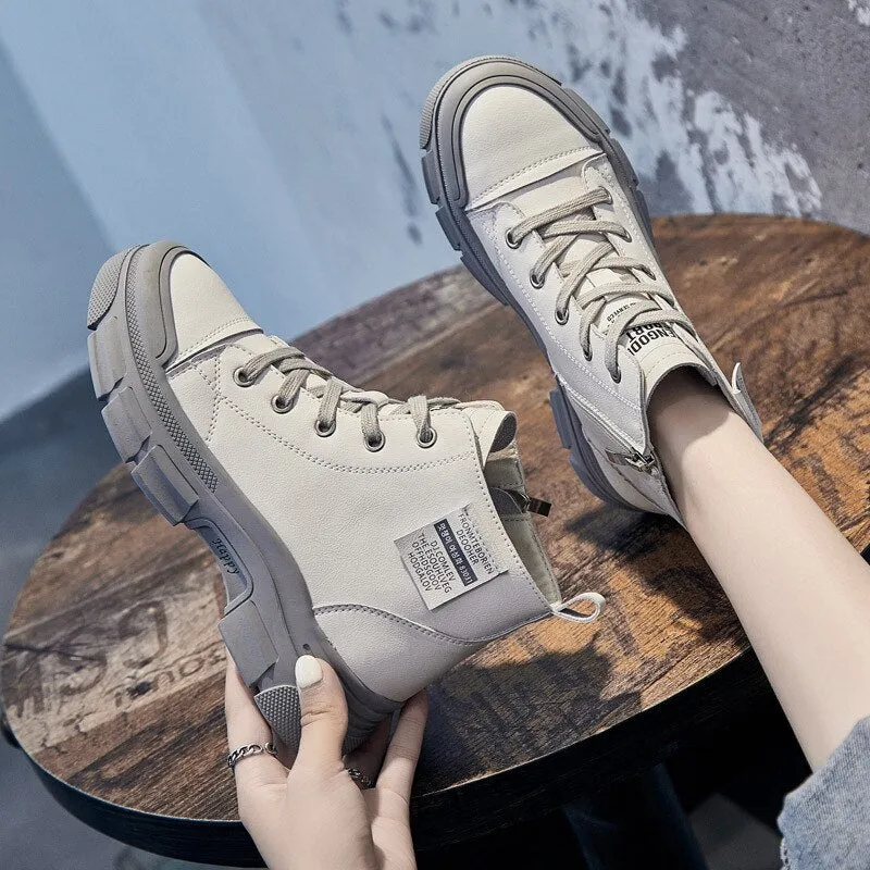 Genuine Leather Shoes 2022 Autumn Early Winter Boots Women Sneakers Thick Sole Non-slip Women Ankle Botas Cow Leather A4849