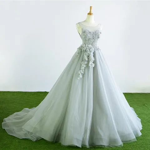 Gray Tulle Court Train Formal Long Prom Dress With Flowers PFP0332