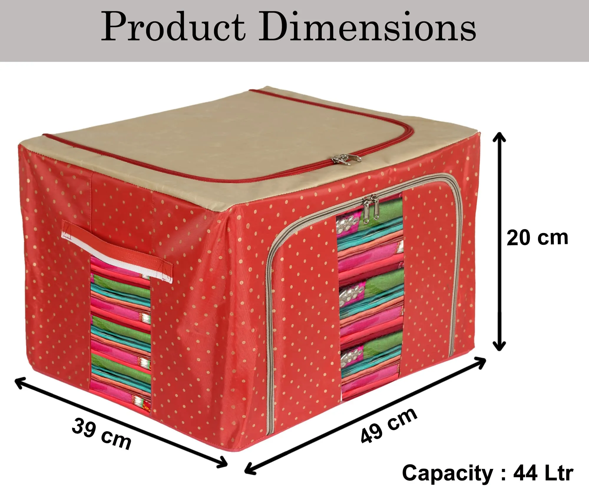 Heart Home Dot Printed Steel Frame Living Box, Closet Organizer, Cloth Storage Boxes for Wardrobe With Clear Window, 44Ltr.- Pack of 2 (Red & Brown)-44HH0232