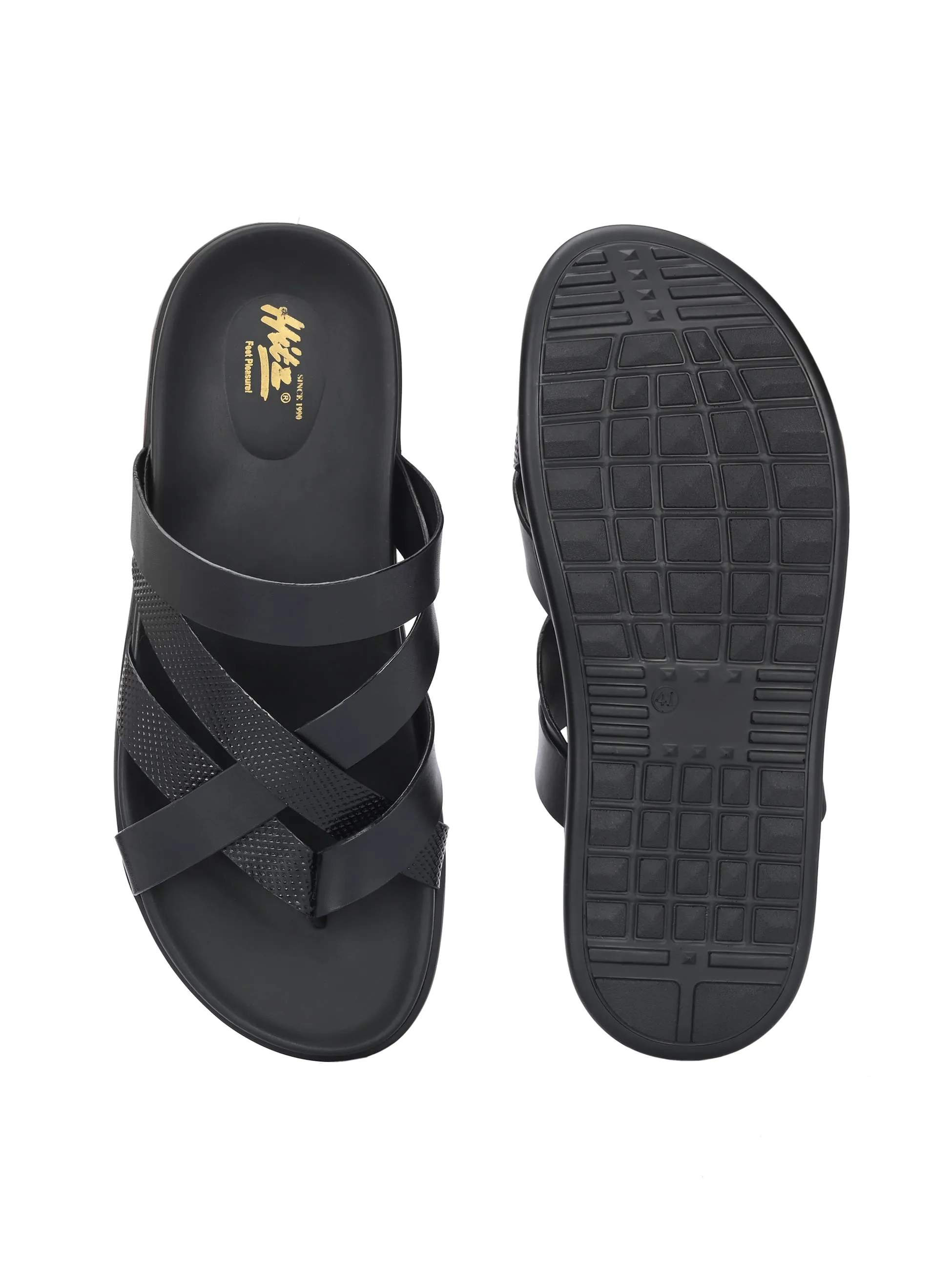 HITZ Men's Black Leather Casual Daily Wear Slippers