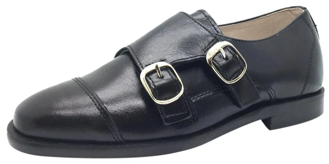 Hoo Shoes Boy's Black Smooth Leather Double Buckle Strap hook and loop Oxford Shoes