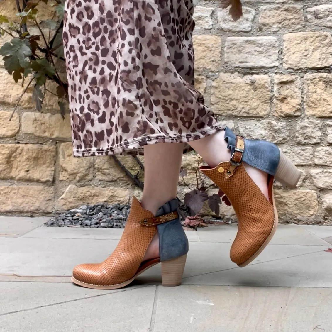 Indigo- Tan and denim ankle boot