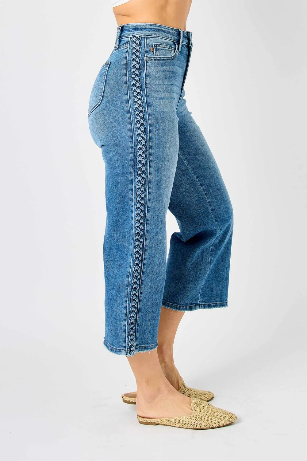 Judy Blue Reg/Plus Laura High Rise Braid Side Seam Detail Crop Wide Leg Jeans