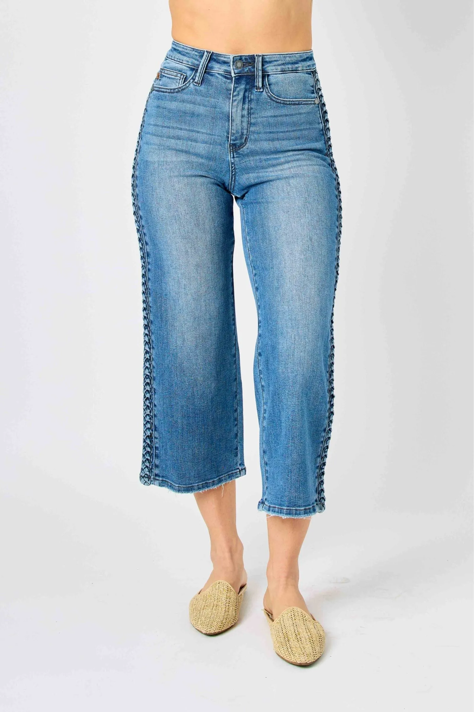 Judy Blue Reg/Plus Laura High Rise Braid Side Seam Detail Crop Wide Leg Jeans