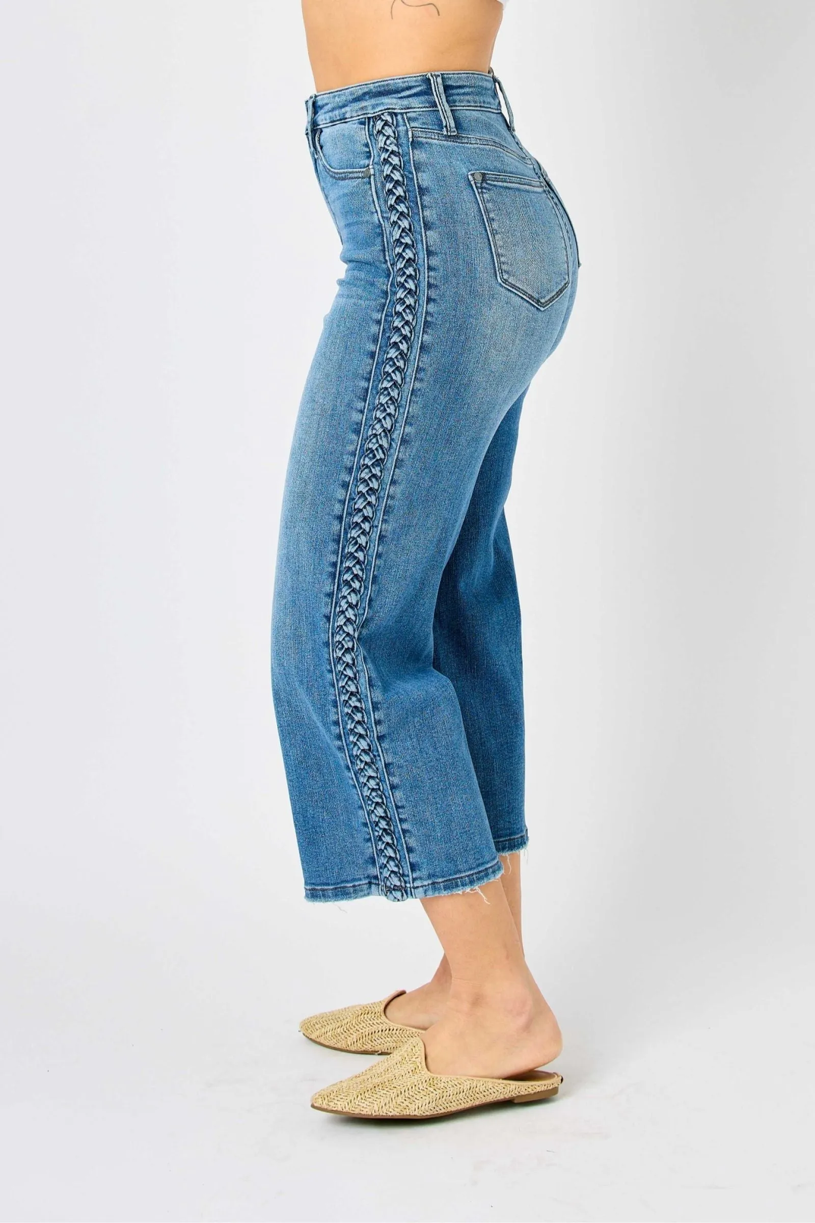 Judy Blue Reg/Plus Laura High Rise Braid Side Seam Detail Crop Wide Leg Jeans