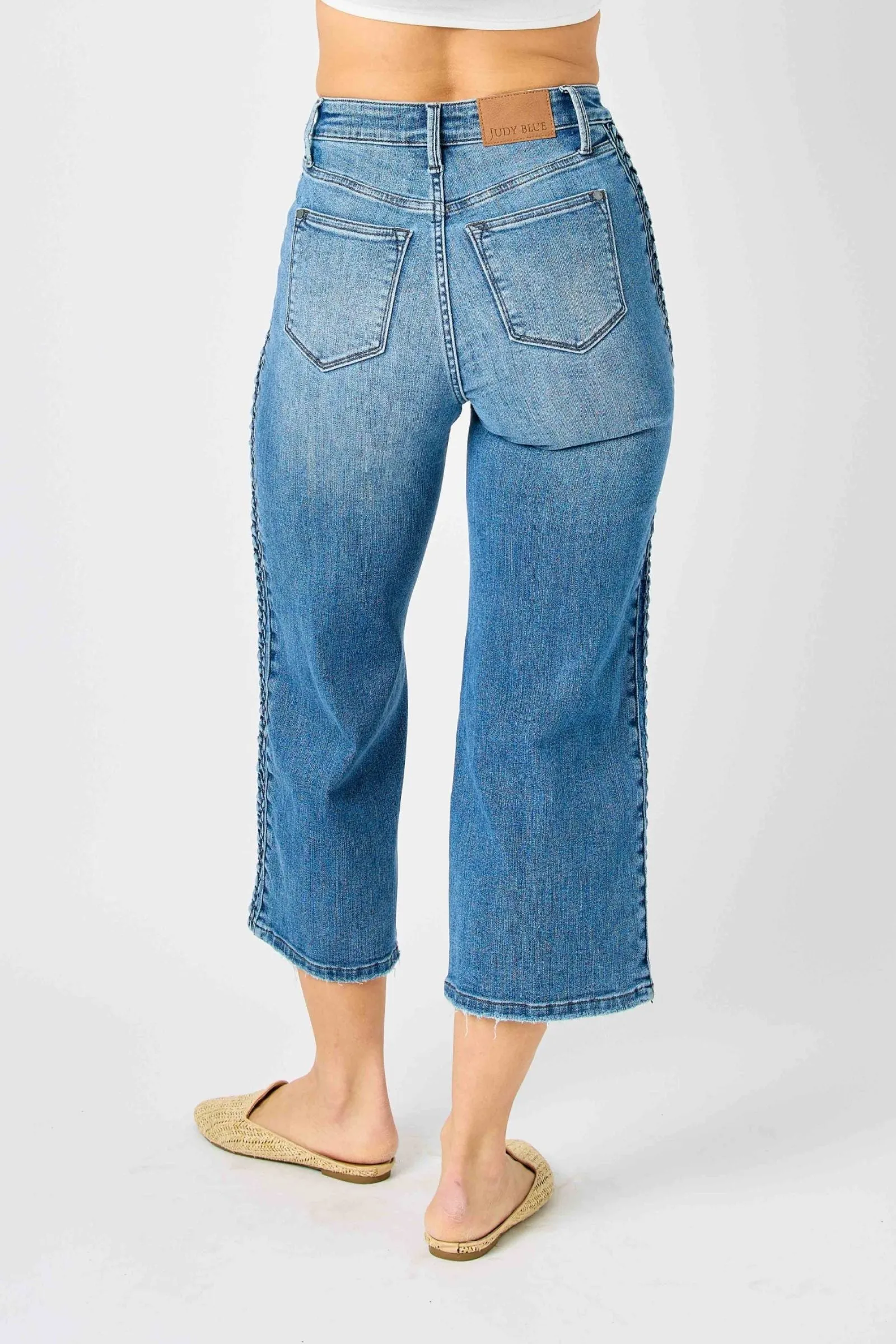 Judy Blue Reg/Plus Laura High Rise Braid Side Seam Detail Crop Wide Leg Jeans