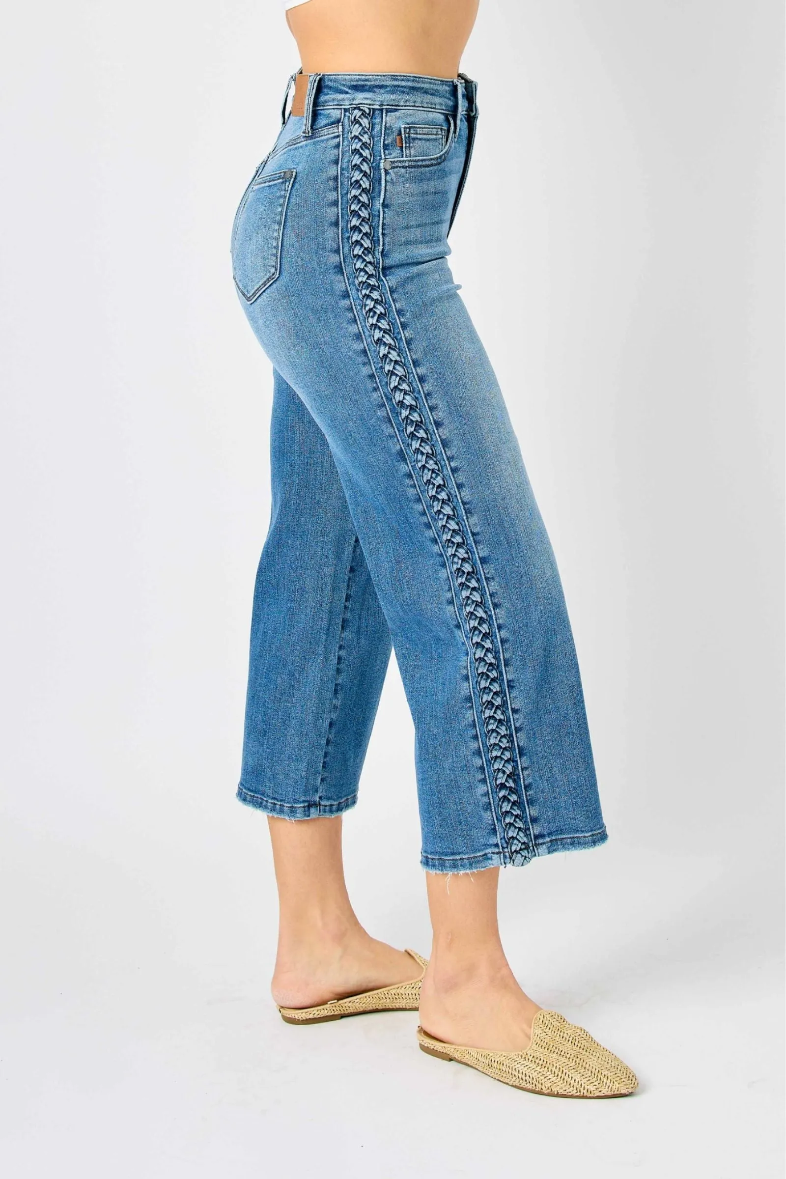 Judy Blue Reg/Plus Laura High Rise Braid Side Seam Detail Crop Wide Leg Jeans