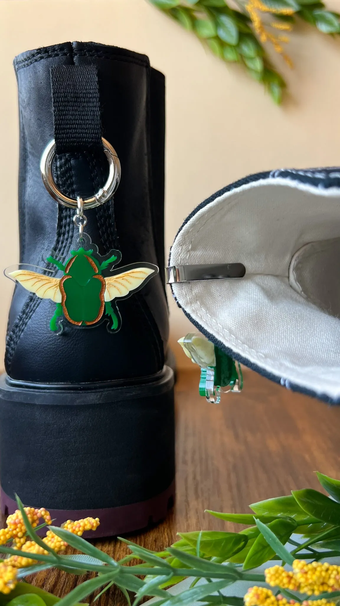 June Bug Green Beetle Shoe Accessory | Pull Loop Boot Charm, Shoe Charm, High Top Sneaker or Boot Clip, Acrylic Shoe Keychain