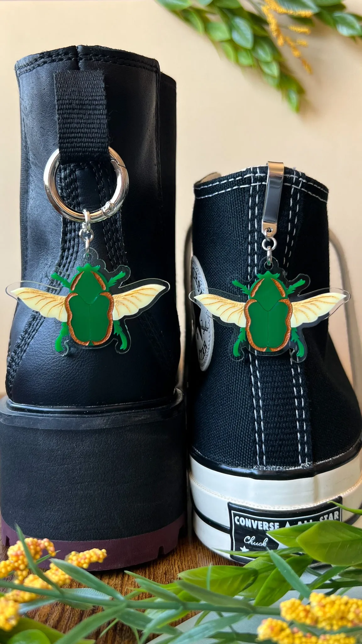 June Bug Green Beetle Shoe Accessory | Pull Loop Boot Charm, Shoe Charm, High Top Sneaker or Boot Clip, Acrylic Shoe Keychain