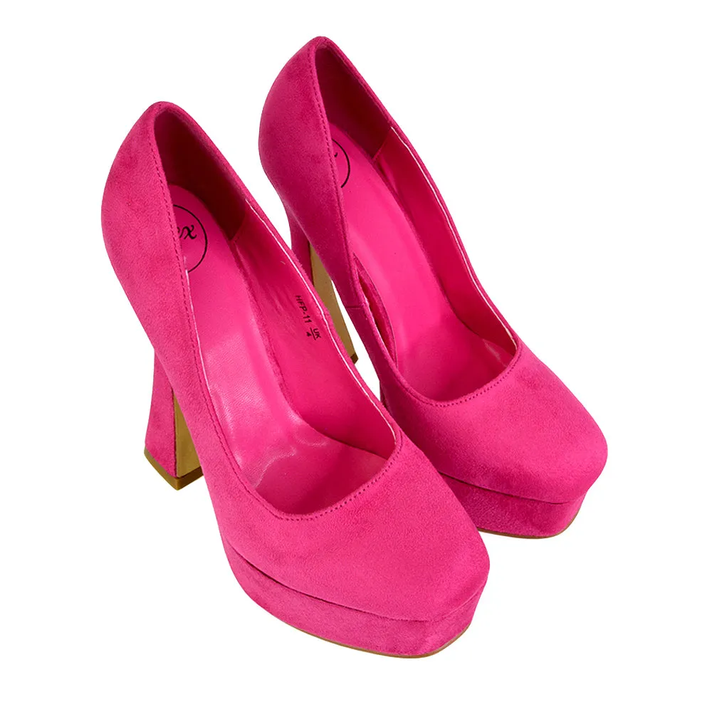 Karlie Flared Curved Stiletto Platform High Heel Court Shoes in Fuchsia