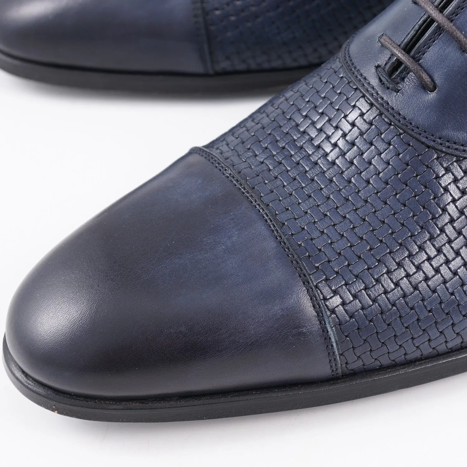 Kiton Navy Blue Woven Leather Oxford