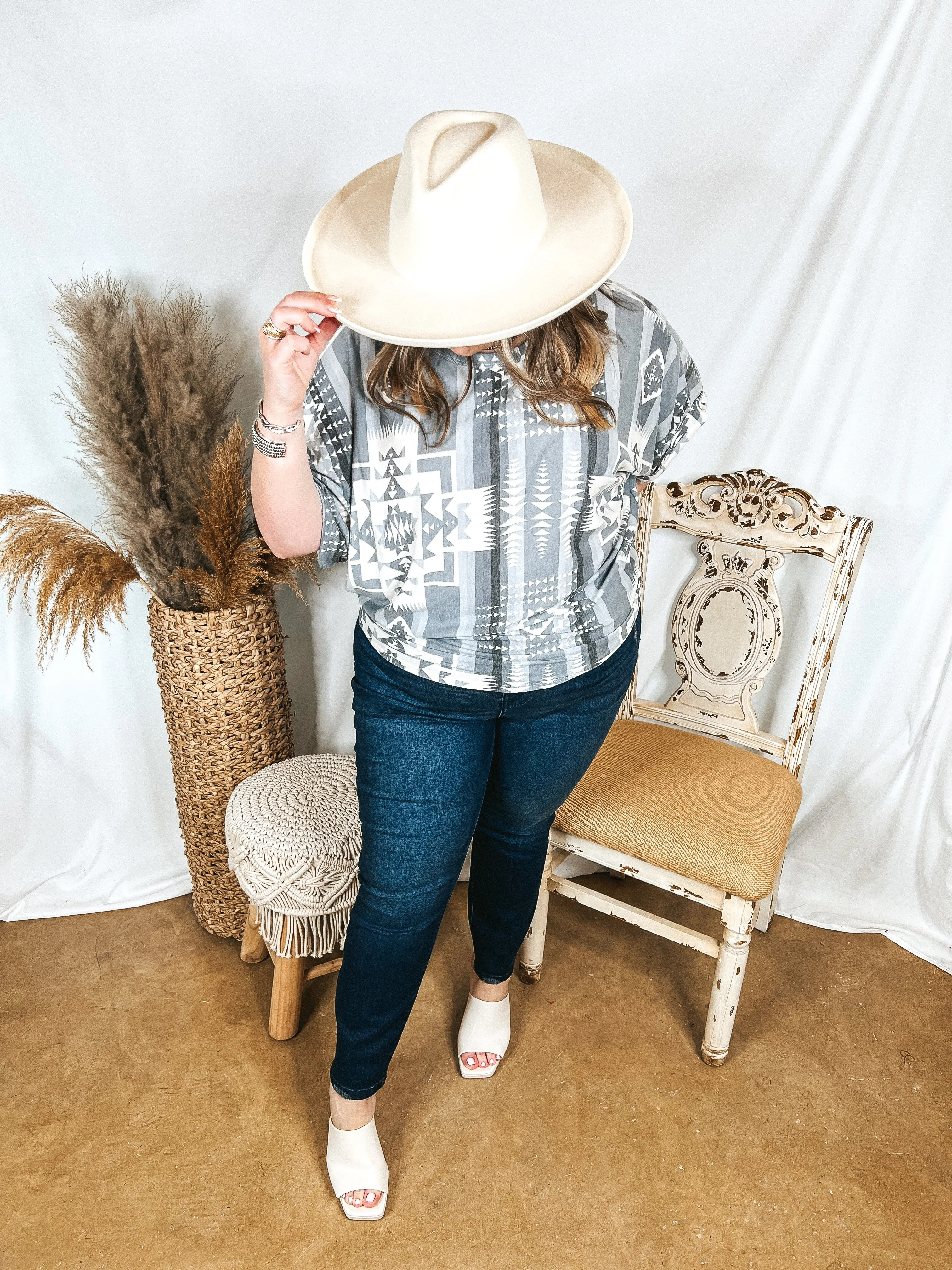 Last Chance Size Small (Oversized) | Western Weather Aztec Print Striped Short Sleeve Top in Grey Mix