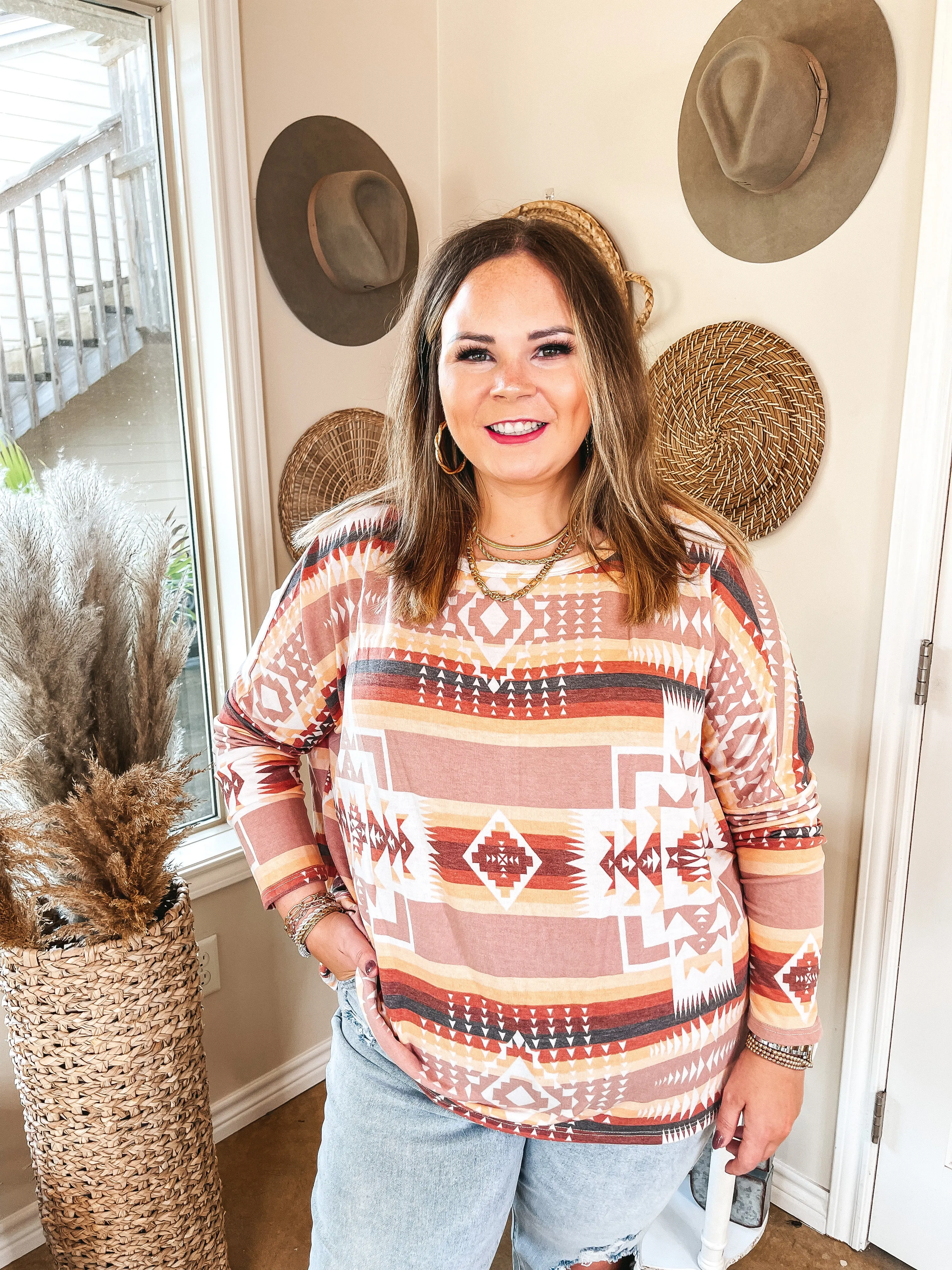 Last Chance Size Small | Western Weather Aztec Print Striped Long Sleeve Top in Sunset Mix