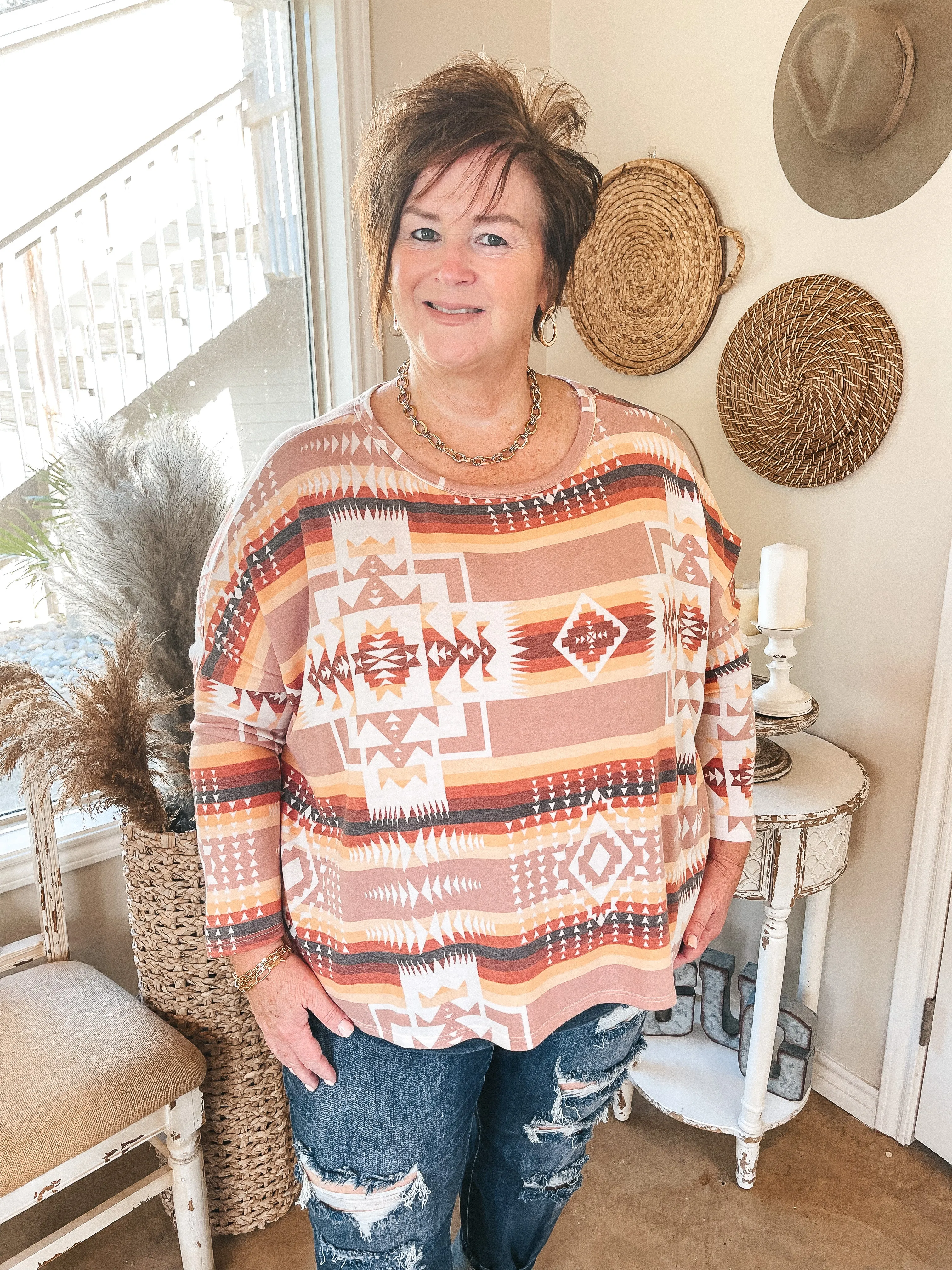 Last Chance Size Small | Western Weather Aztec Print Striped Long Sleeve Top in Sunset Mix