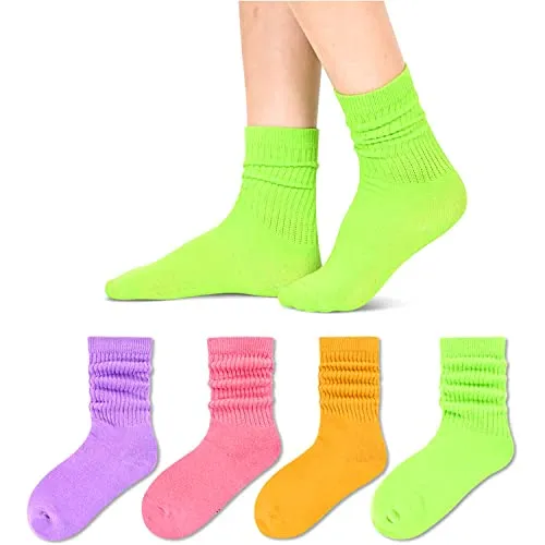 Little Girls Long Socks, Cute Slouch Socks for Girls, Kids Cotton Crew Socks, Scrunch School Socks, Gifts for Girls 6-8 Years Pink Yellow Purple Green