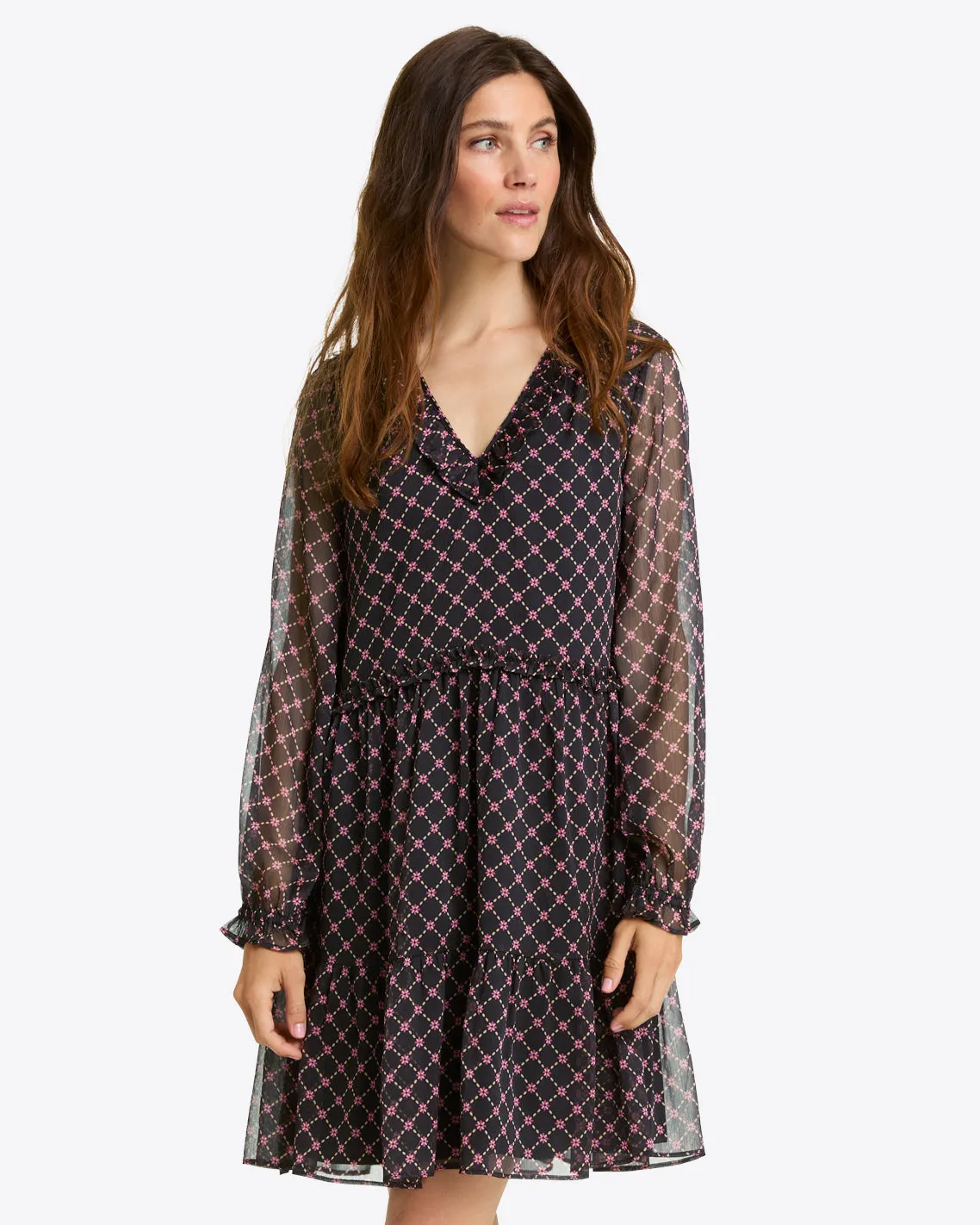 Lorrie Long-Sleeve Dress in Crinkle Chiffon