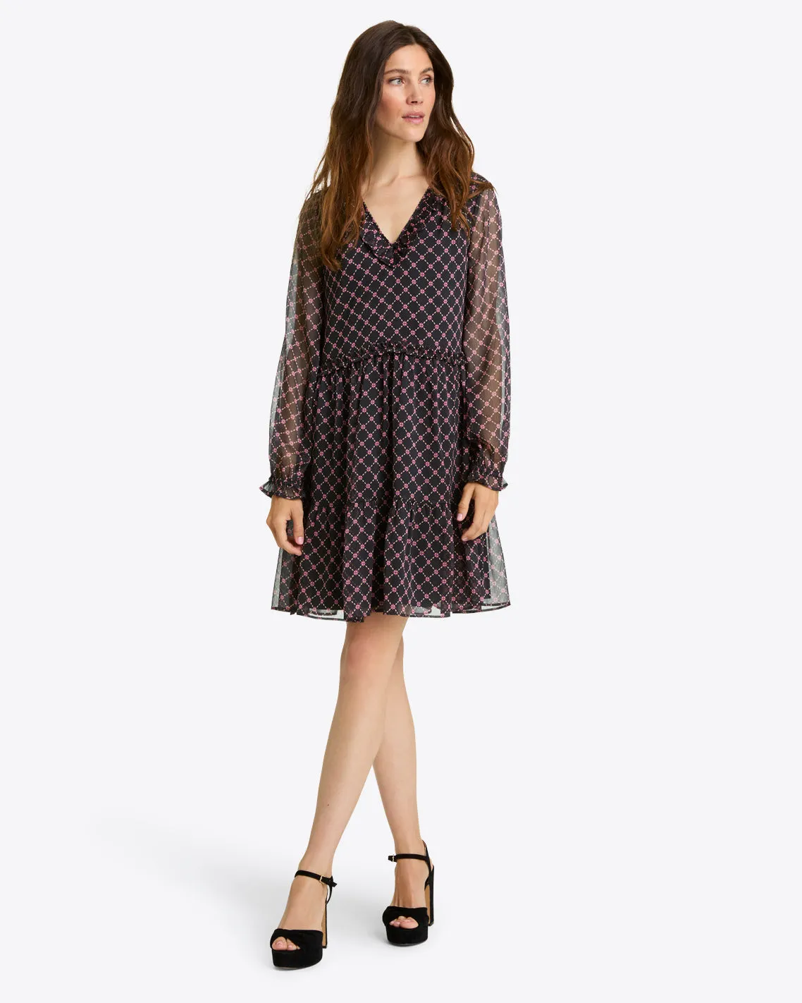 Lorrie Long-Sleeve Dress in Crinkle Chiffon