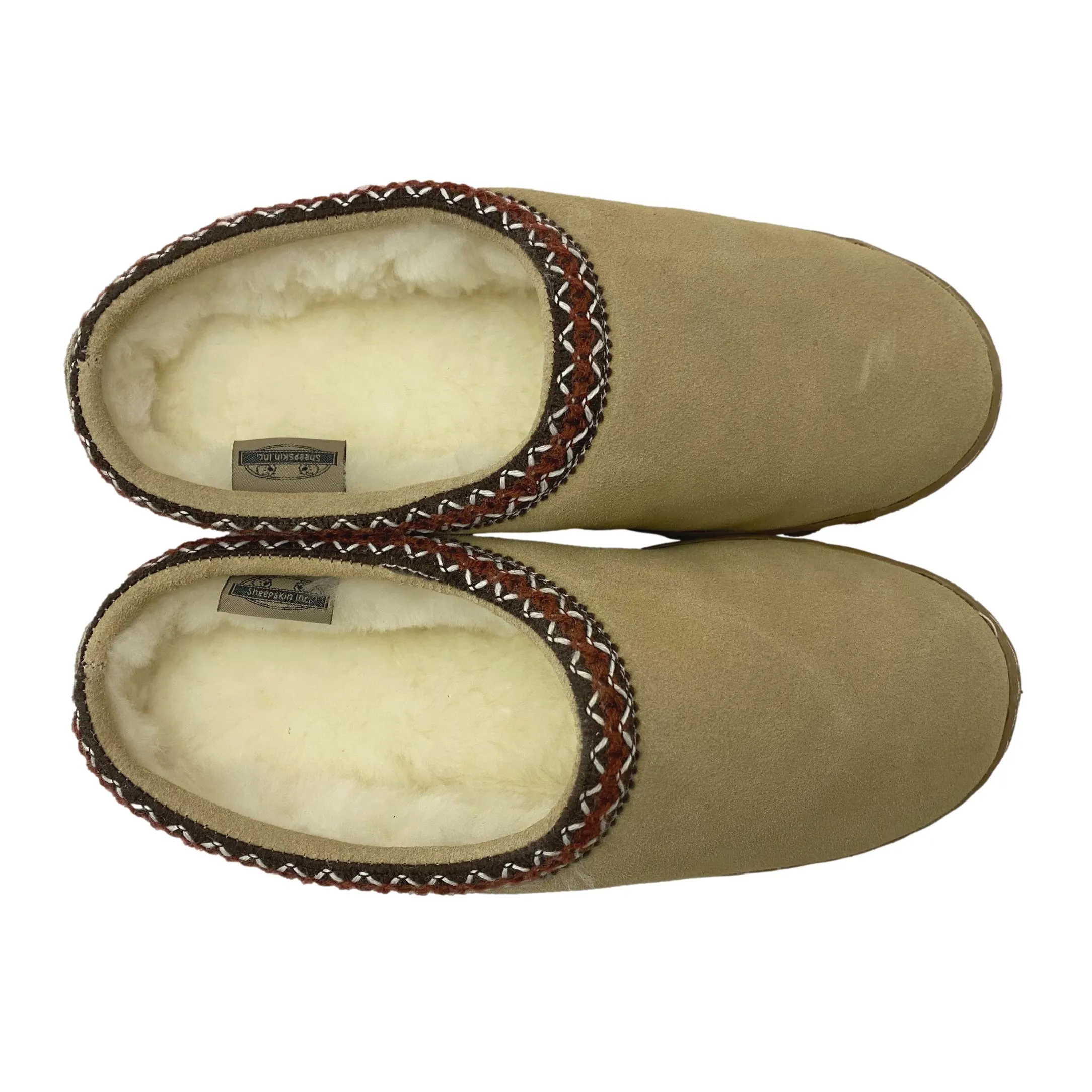 LU Sheepskin Women's Clogs - Shearling Slippers with Geometric Border Design