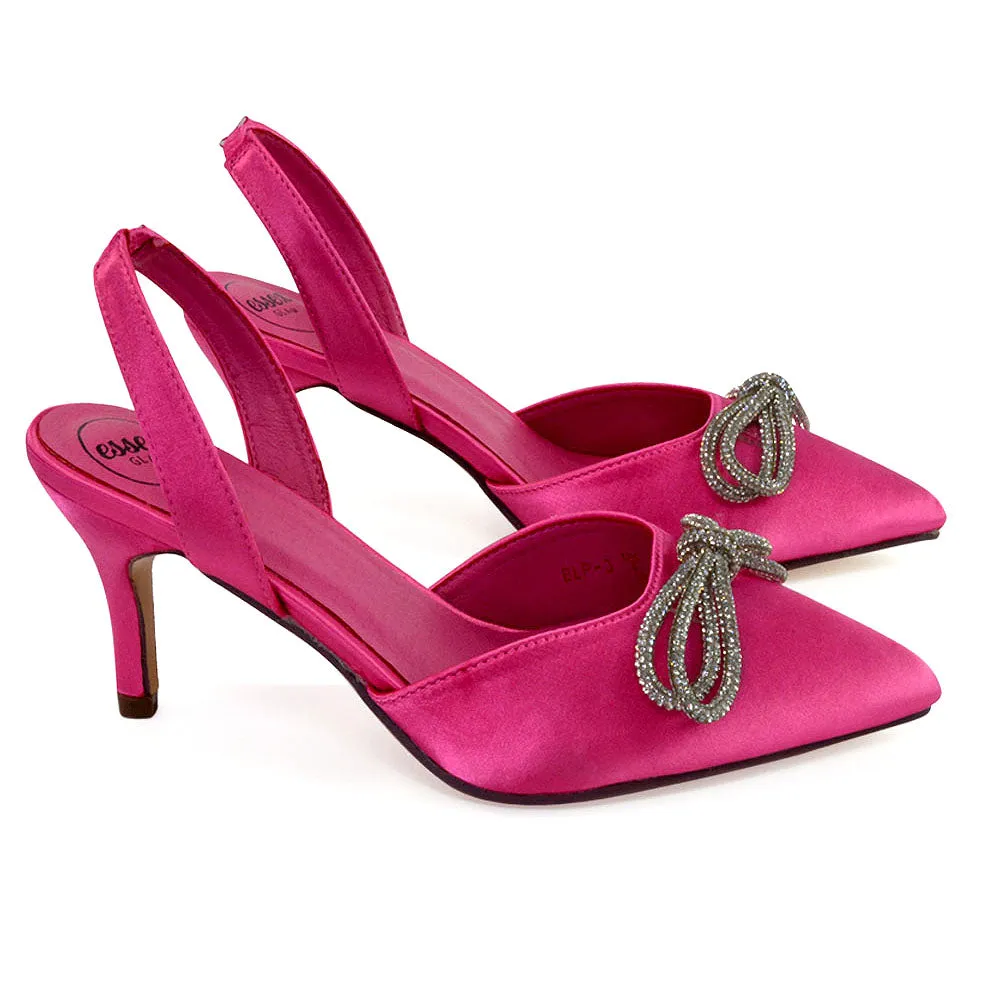 Marinah Wedding Shoes Diamante Bow Slingback Stiletto High Heel Court Shoes in Fuchsia