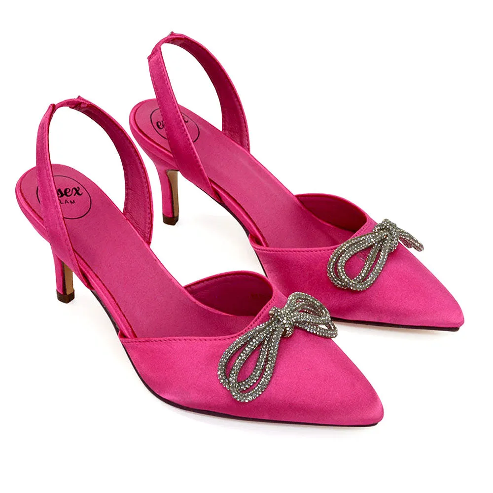 Marinah Wedding Shoes Diamante Bow Slingback Stiletto High Heel Court Shoes in Fuchsia