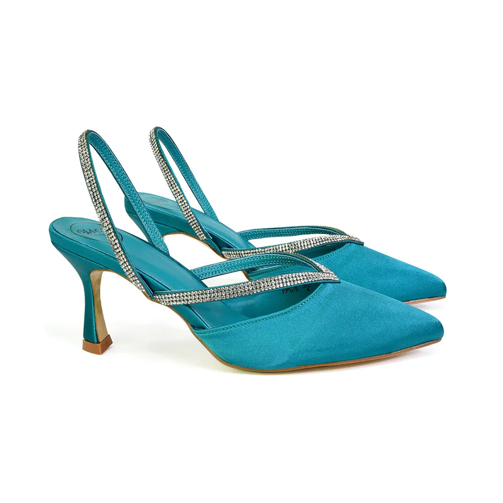 Marissa Pointed Toe Diamante Sling Back Strappy Stiletto Bridal Heels in Turquoise