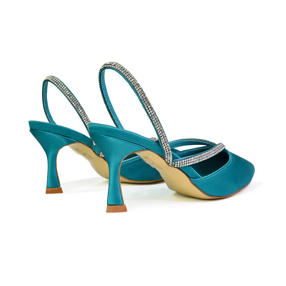 Marissa Pointed Toe Diamante Sling Back Strappy Stiletto Bridal Heels in Turquoise