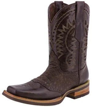 Mens Brown Western Leather Cowboy Boots Alligator Print - Square Toe