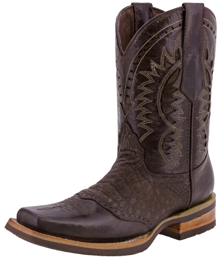 Mens Brown Western Leather Cowboy Boots Alligator Print - Square Toe