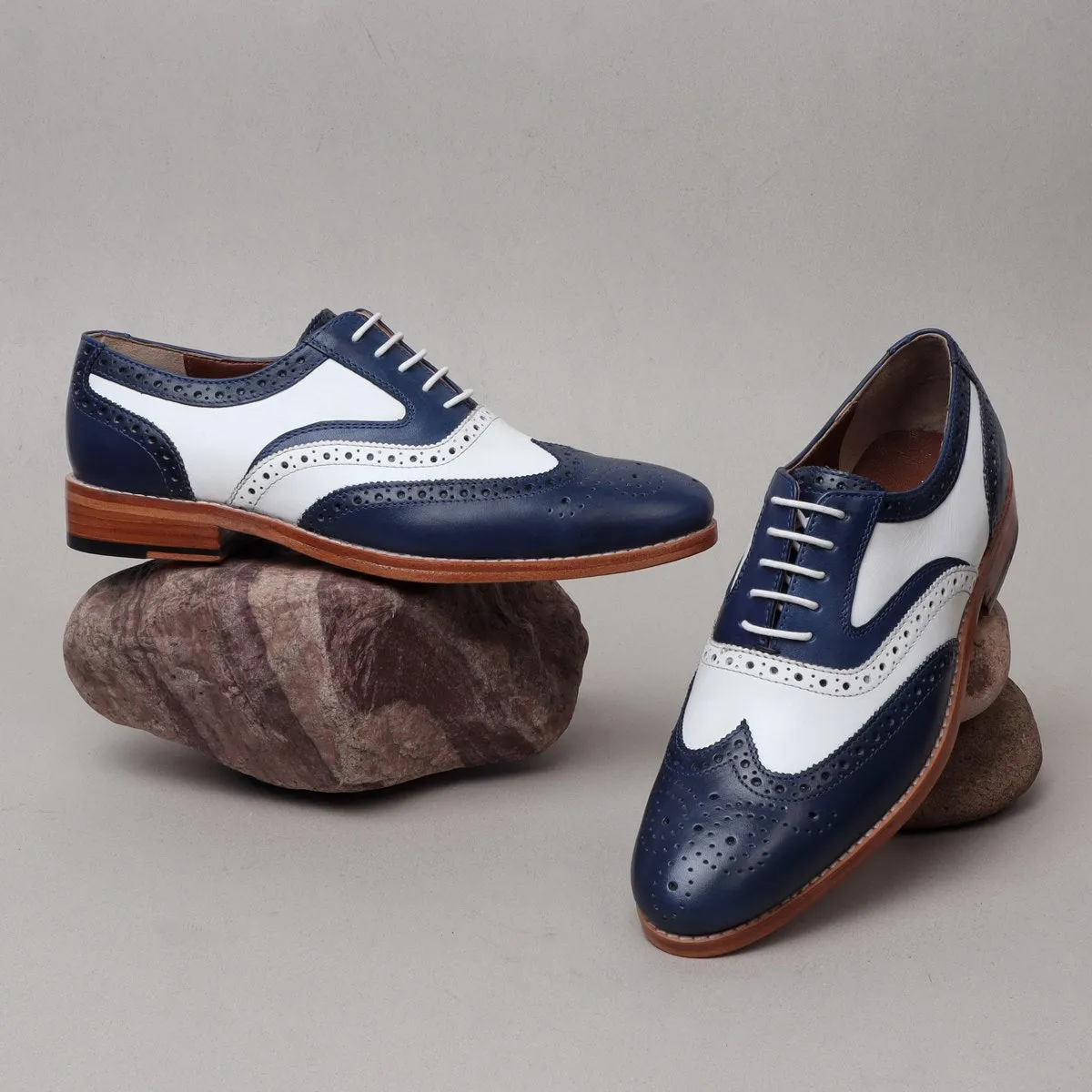 Men's Chic Dual Tone White Blue Genuine Leather Brogue Oxford Lace-up Shoes By Brune & Bareskin