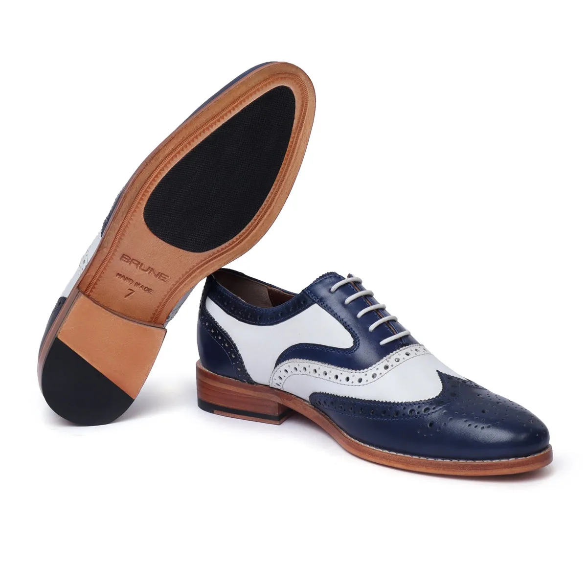 Men's Chic Dual Tone White Blue Genuine Leather Brogue Oxford Lace-up Shoes By Brune & Bareskin