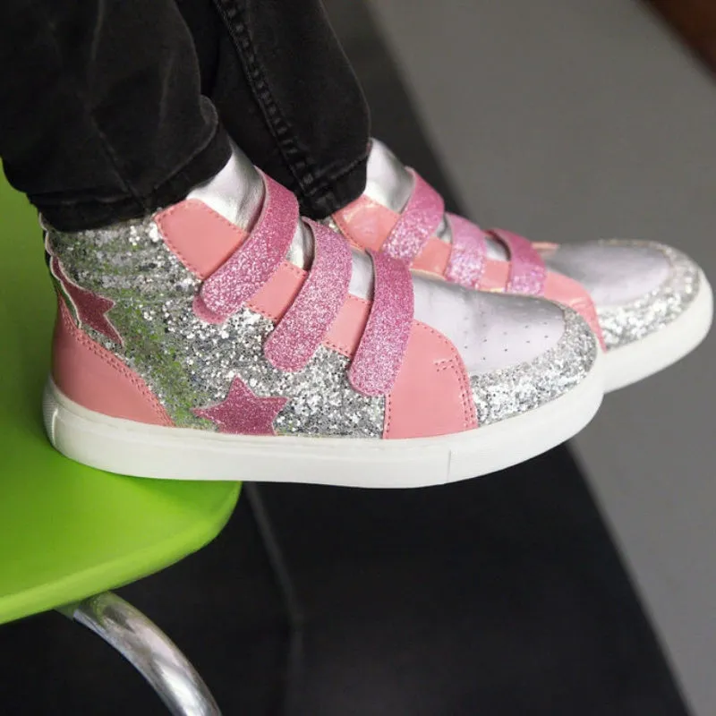 Miss Hannah Velcro Sneaker in Pink & Silver - Kids