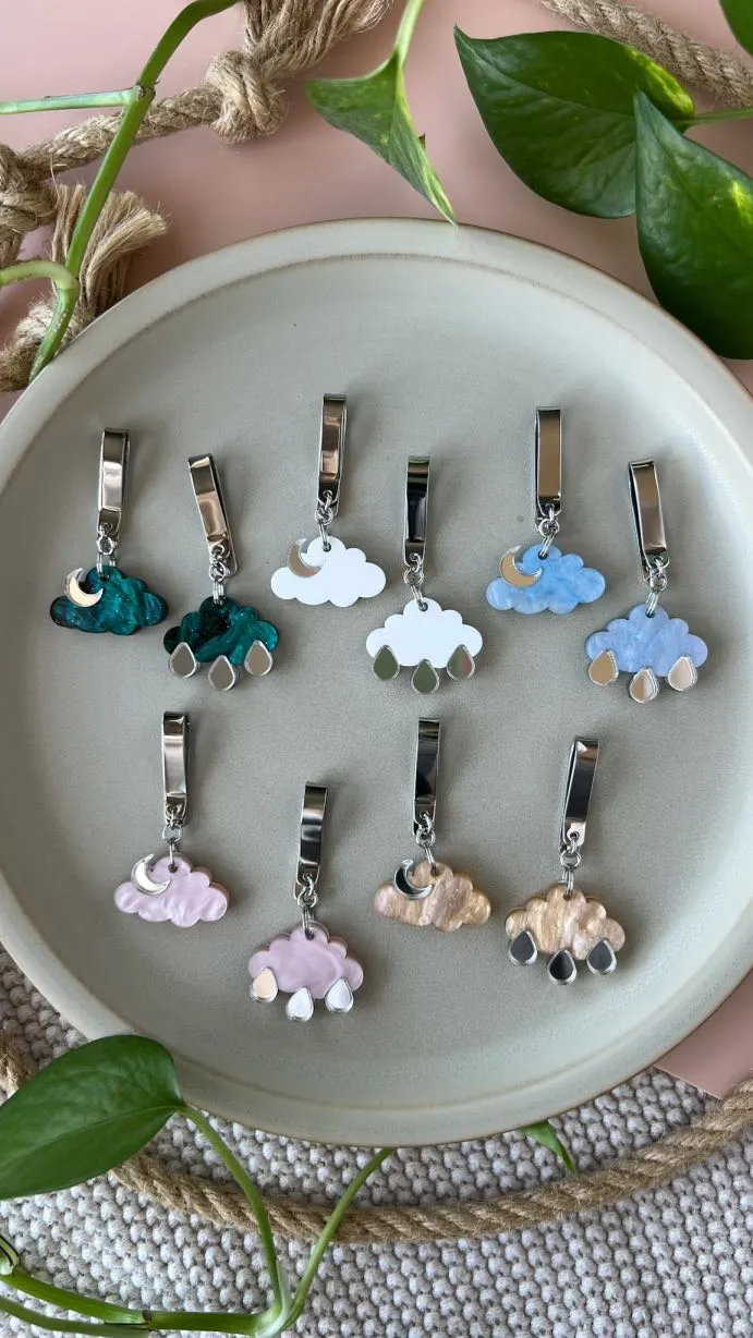 Moon or Rain Clouds Shoe Accessory, Back of Shoe Charm, High Top Sneaker Clip or Boot Clip, Acrylic Shoe Keychain