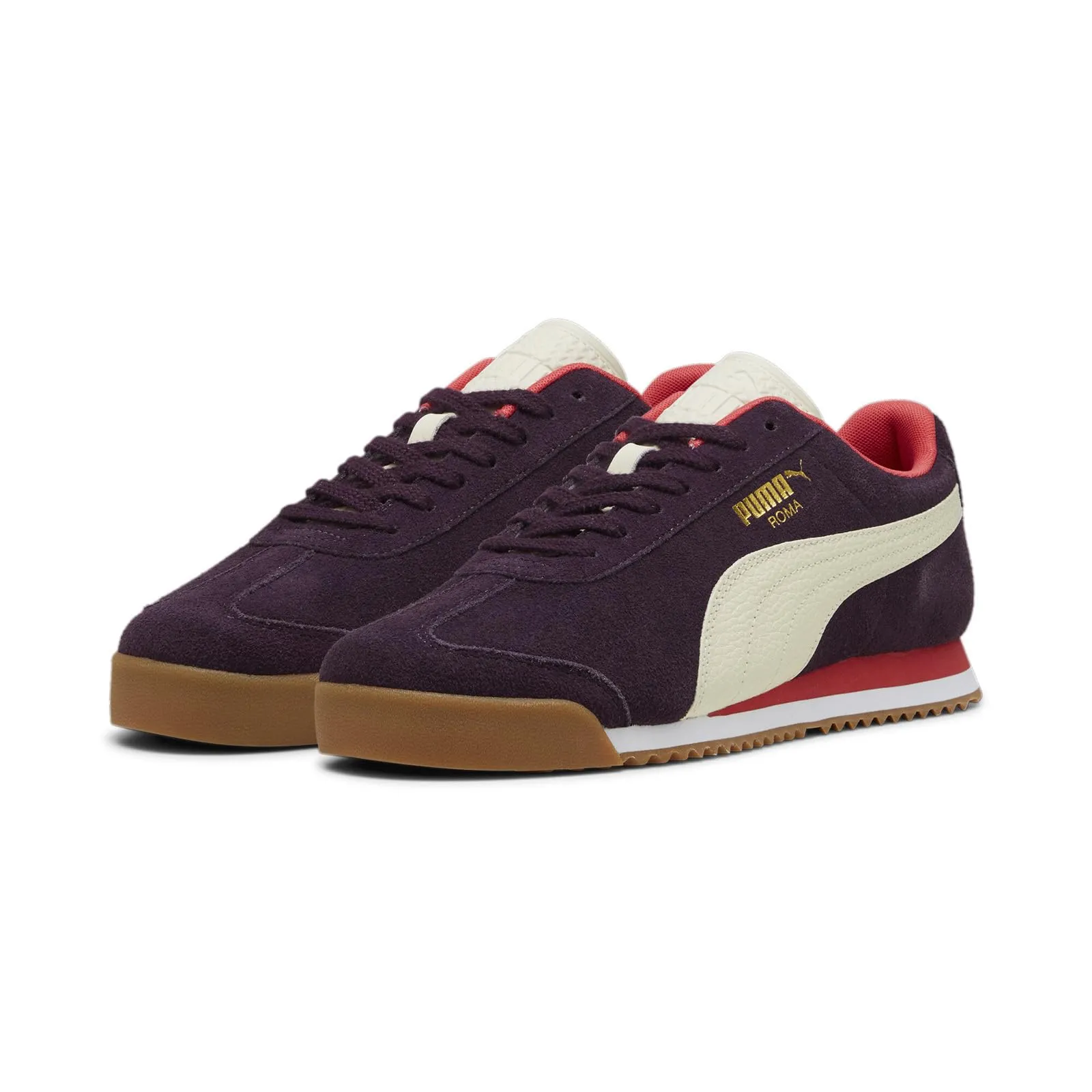 PUMA Men's Roma Suede Sneaker, Midnight Plum/Alpine Snow/Gum