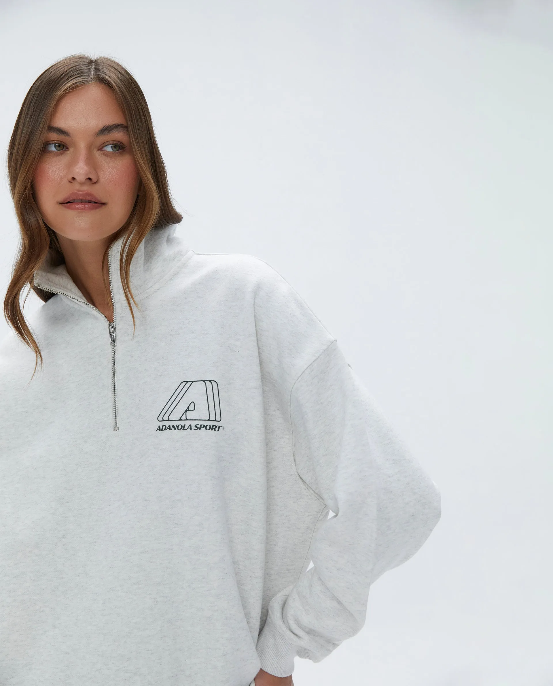 "A" Oversized Funnel Neck Zip Sweatshirt - Light Grey Melange/Dark Olive