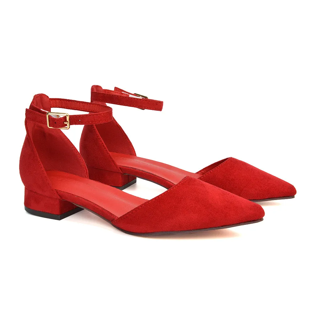 Robyn Pointed Toe Low Heel Strappy Court Shoes in Red Faux Suede