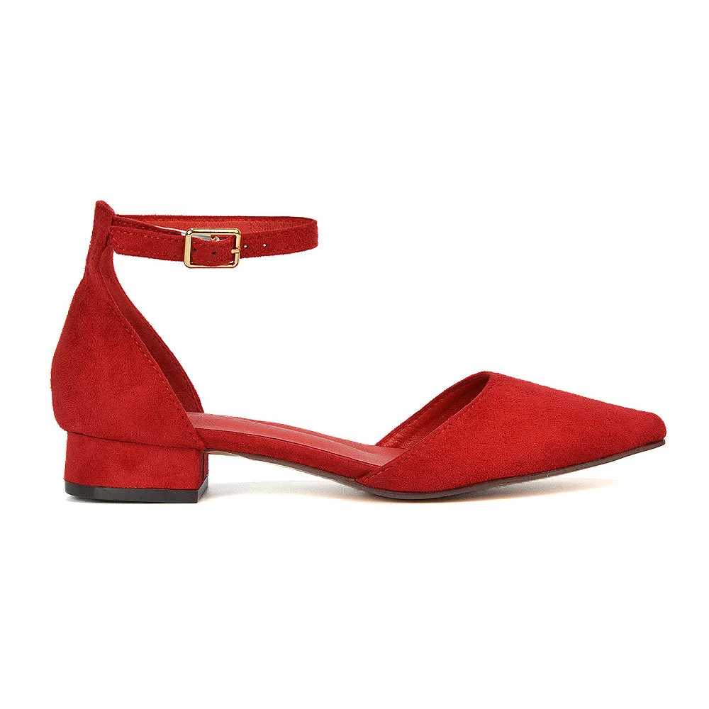 Robyn Pointed Toe Low Heel Strappy Court Shoes in Red Faux Suede