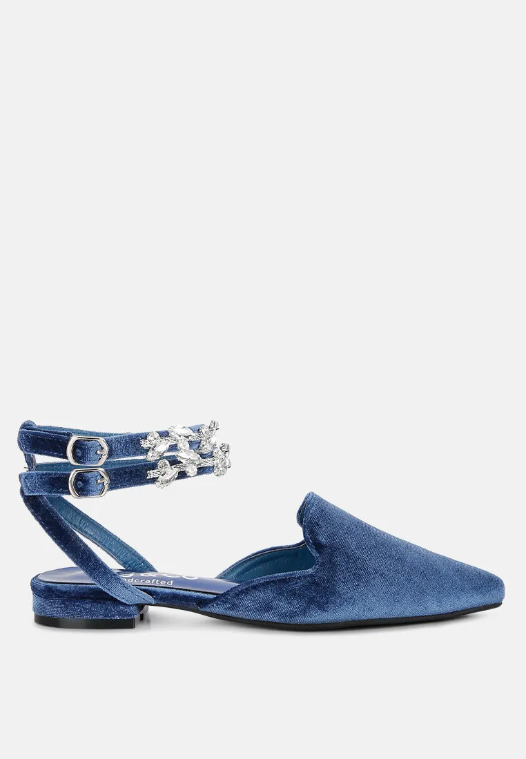 SALOME Blue Embellished Ankle Strap Velvet Mules