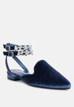 SALOME Blue Embellished Ankle Strap Velvet Mules